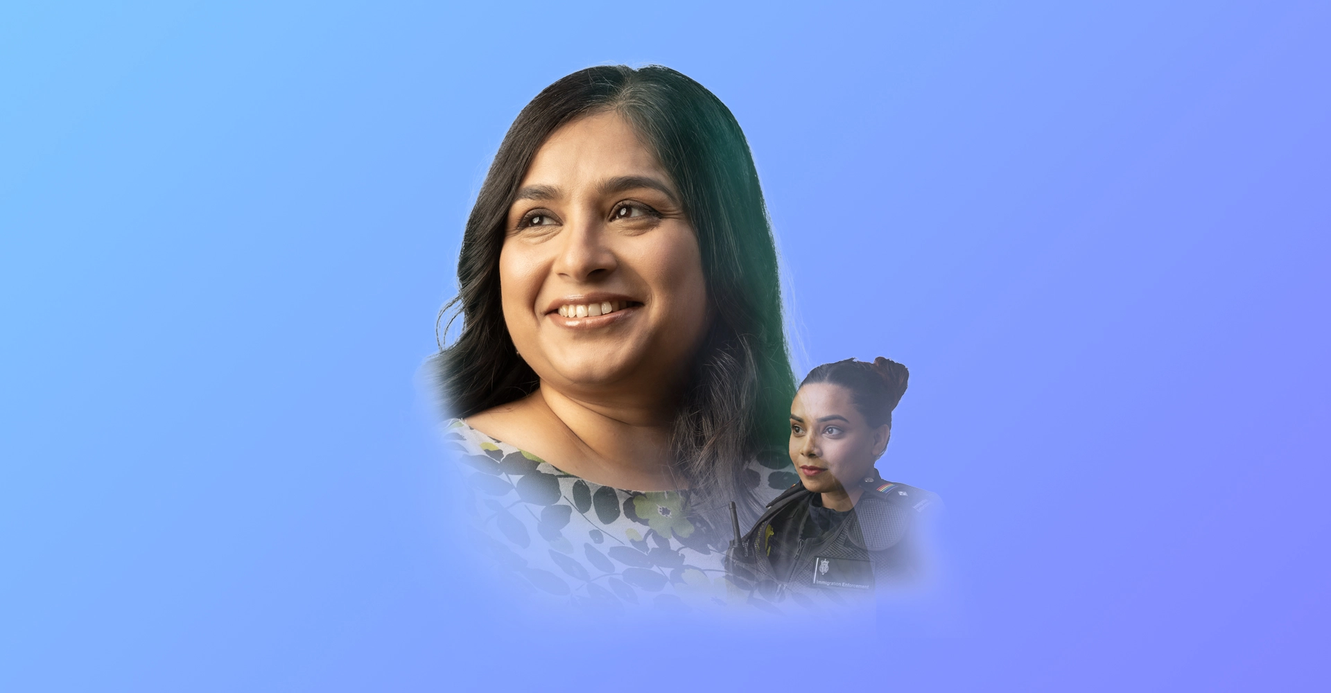 Home office - A woman smiling into the distance and another woman looking into the distance, with blue gradient background