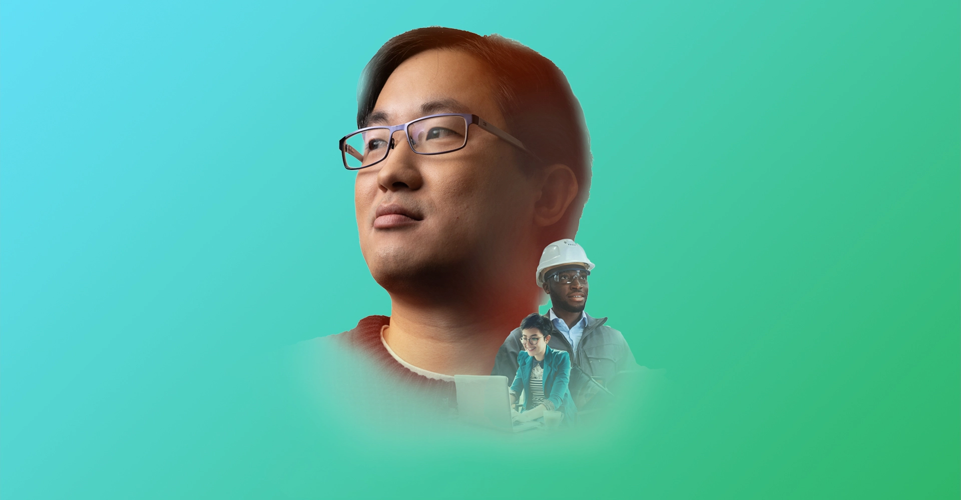 Home office - A man with a hard hat on and a man looking into the distance with glasses on, with a blue to green gradient background