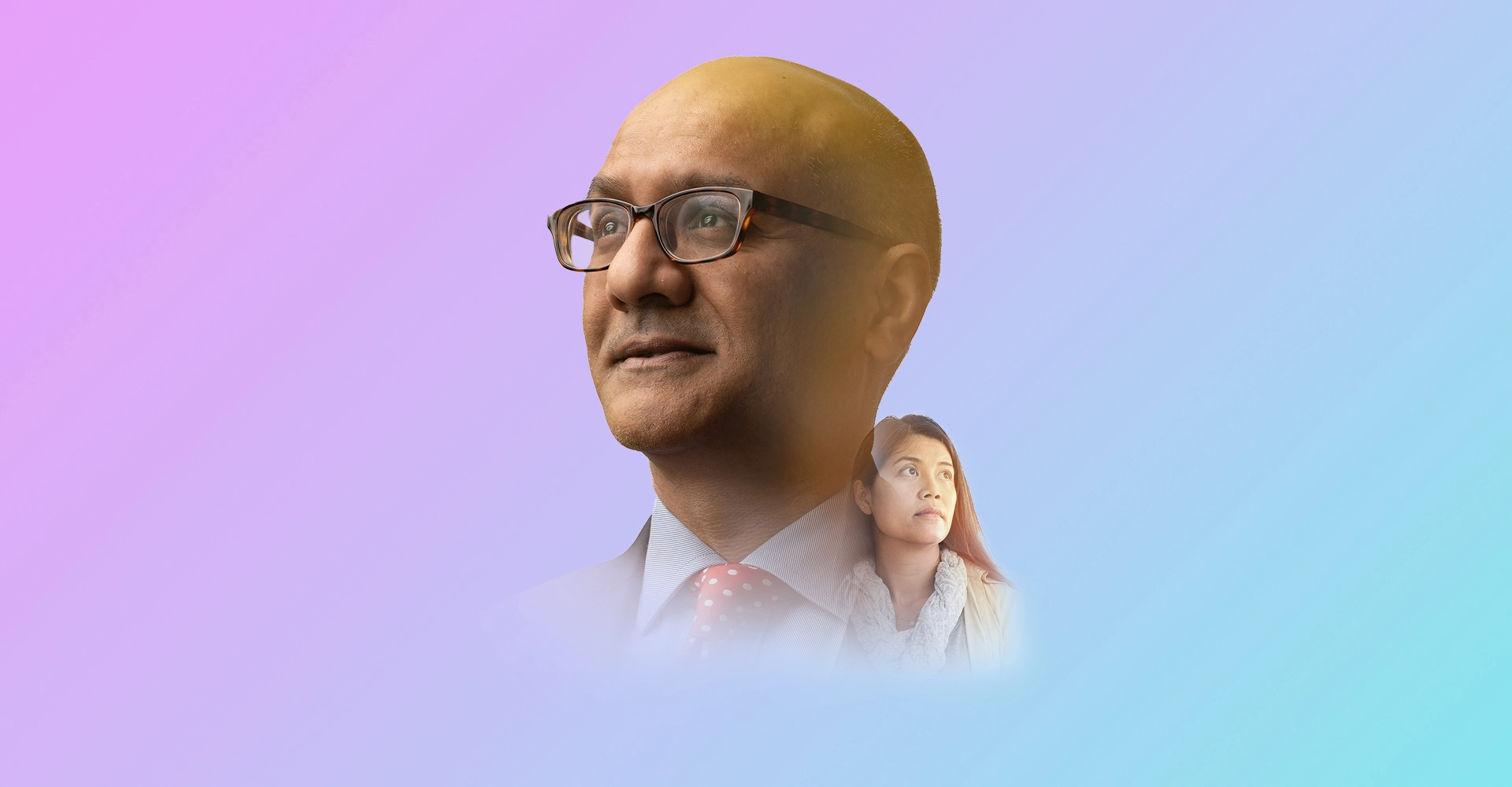 Home office - A man with glasses and a woman looking into the distance with a pink to blue gradient