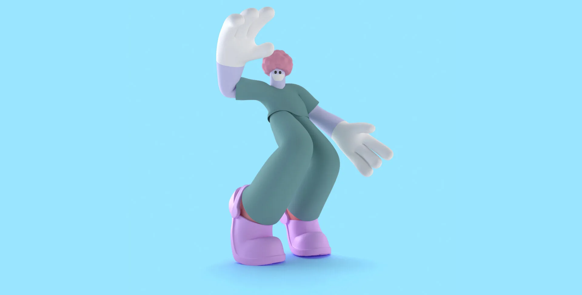 Animated employee dances on a neon blue background