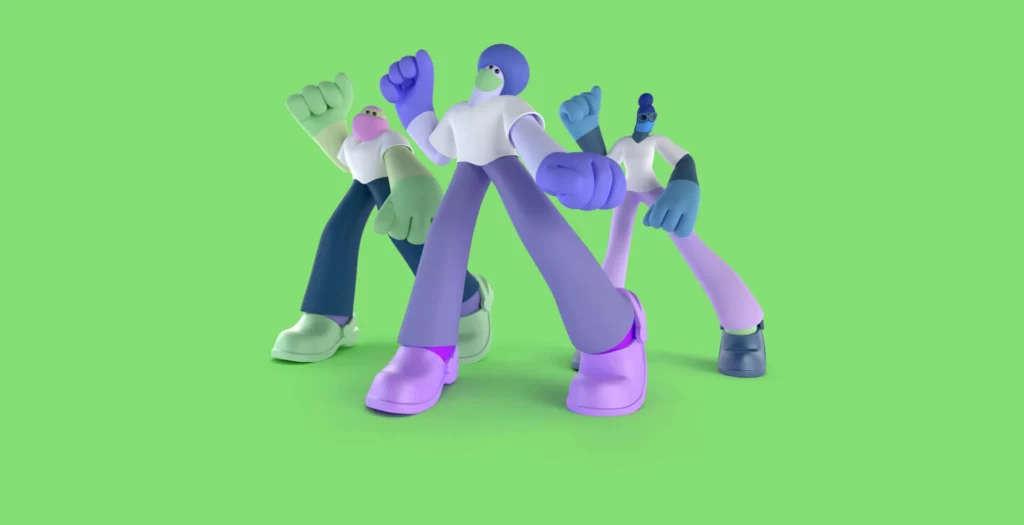 Three animated theatre workers perform dance routine on a neon green background