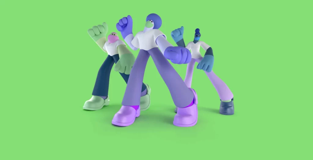 Circle health group - Three animated theatre workers perform dance routine on a neon green background