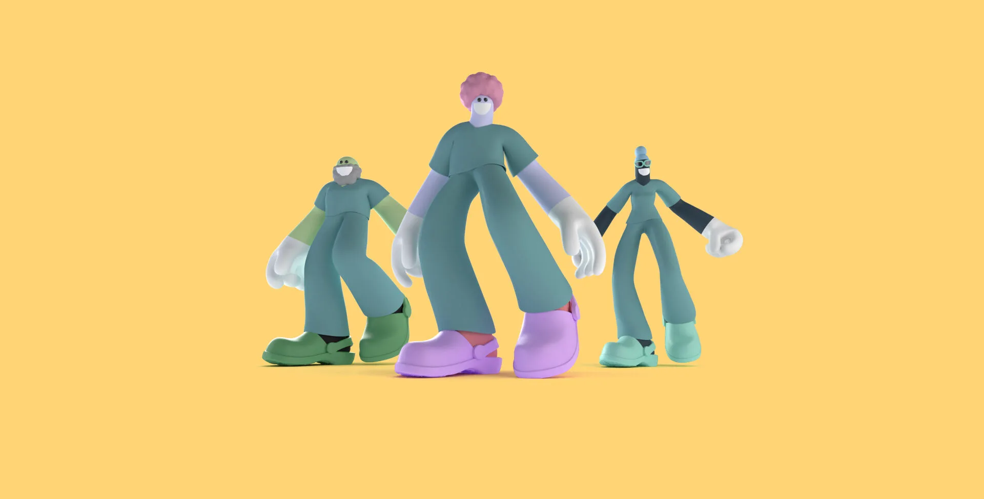 Three animated characters perform dance routine on a cheddar yellow background