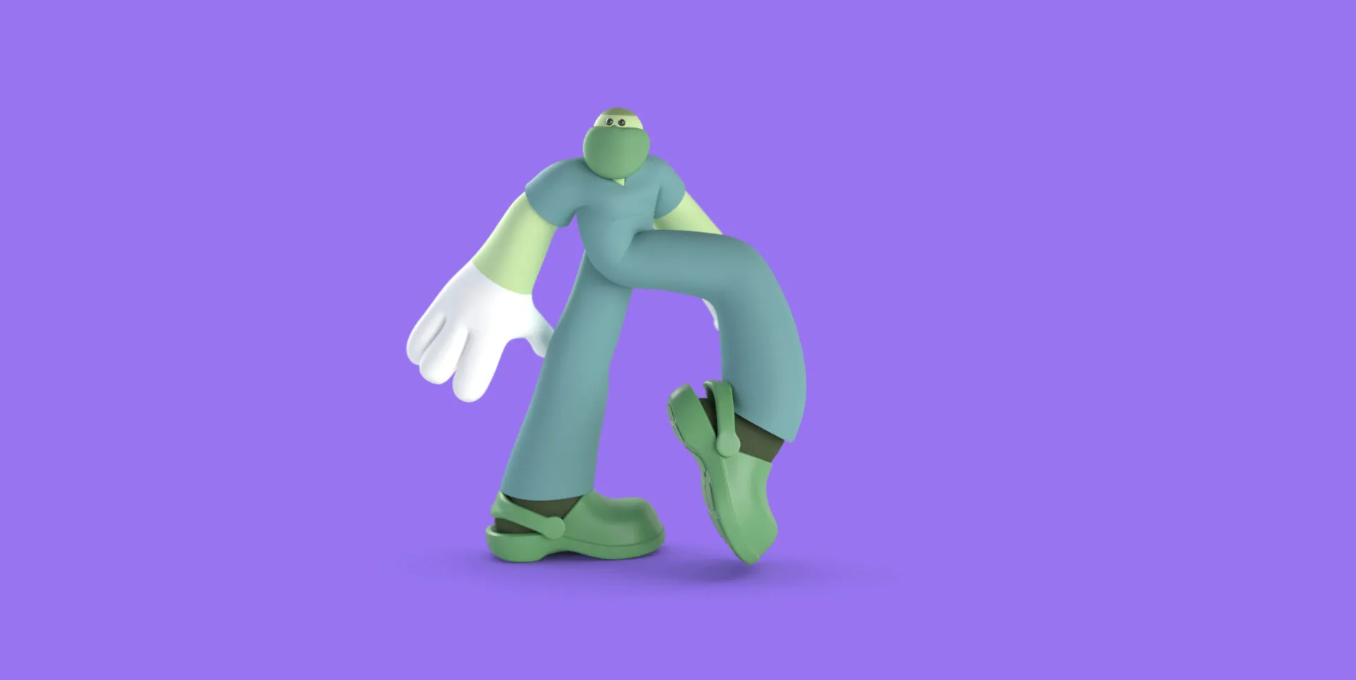 Animated employee dances the moonwalk on a purple background