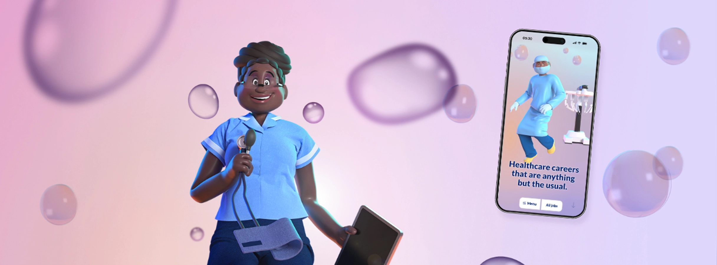 Circle Health Group employer branding: An animated female nurse and Mobile website