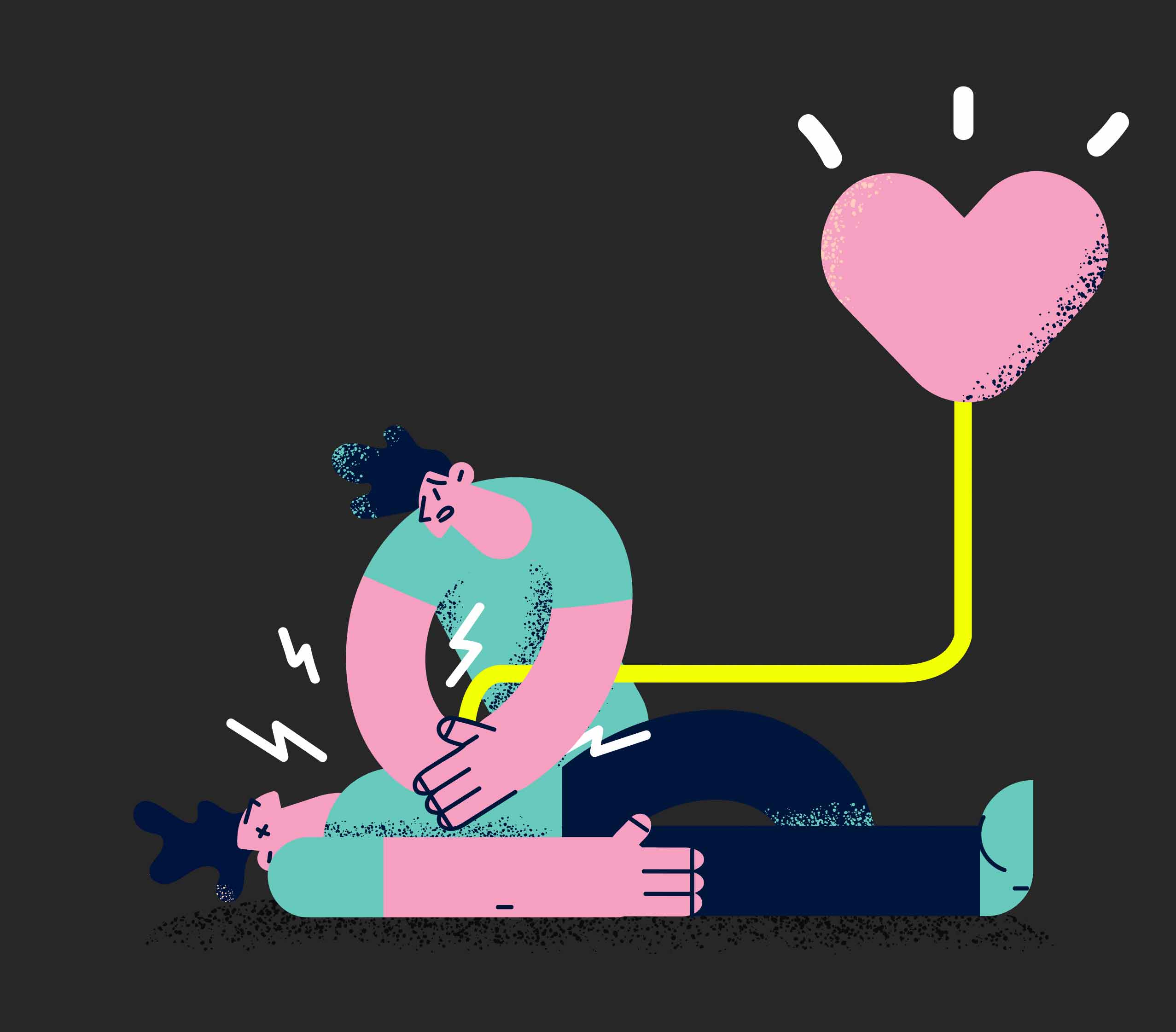 Illustration of man applying defibrillator to man having a heart attack