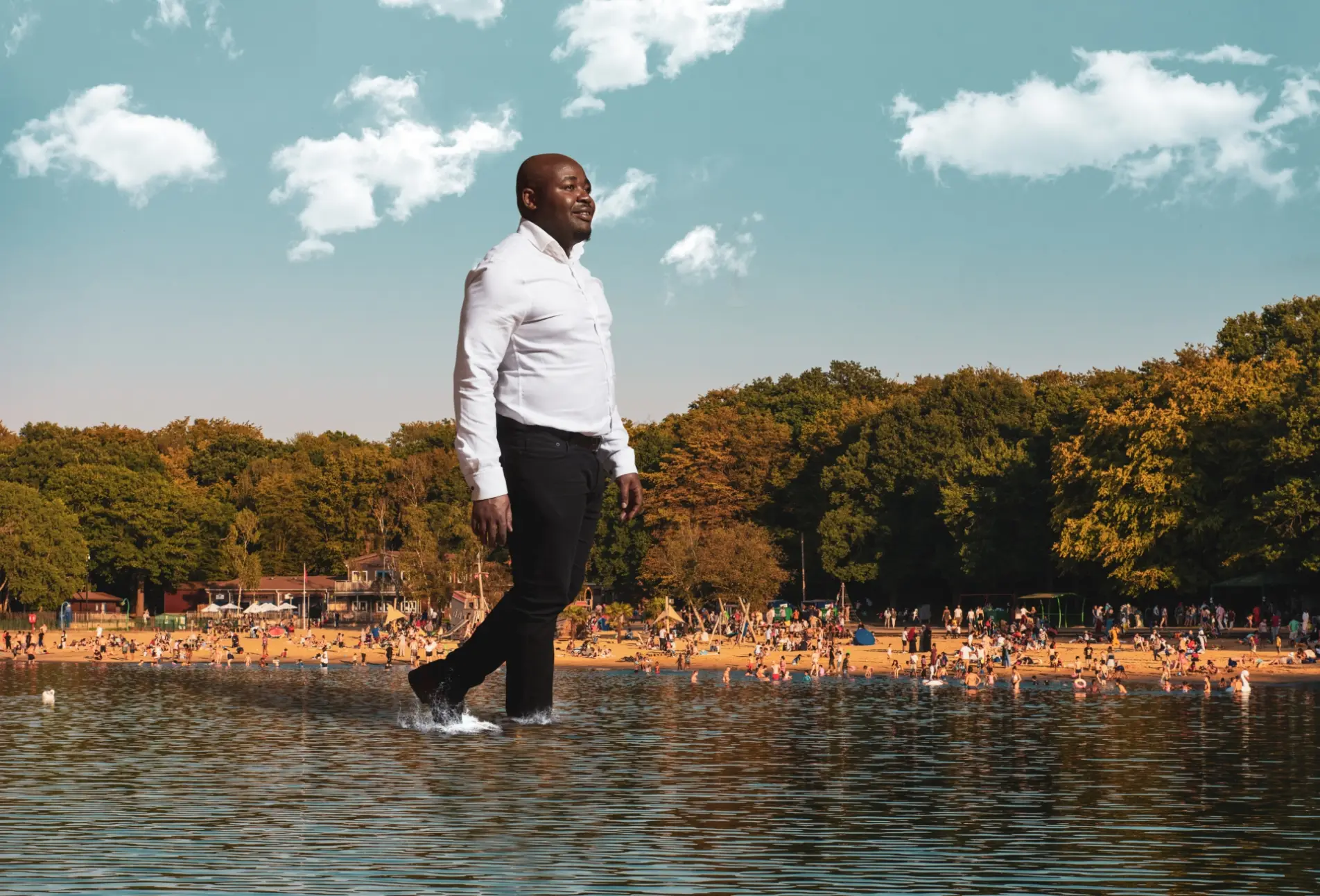 Giant man wades through Ruislip Lido