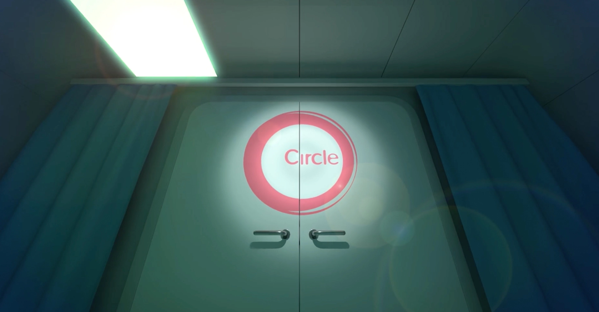 Circle logo overlays hospital theatre doors