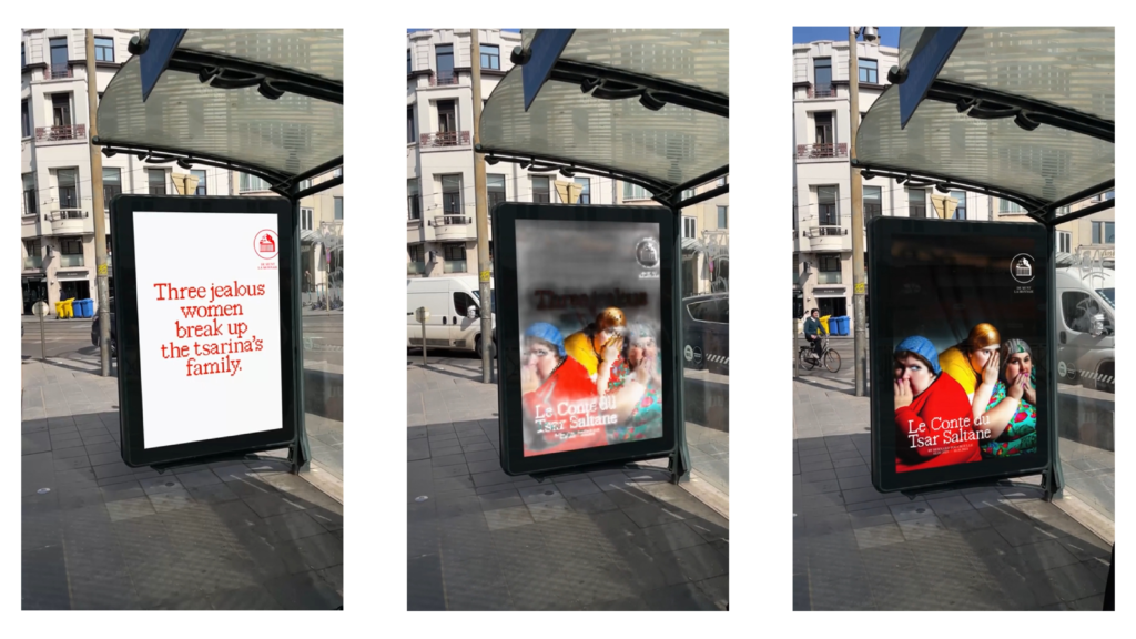 Three angles of an AI-generated digital poster for the play 'Le Conte du Tsar Saltan,' showcasing creative visuals.