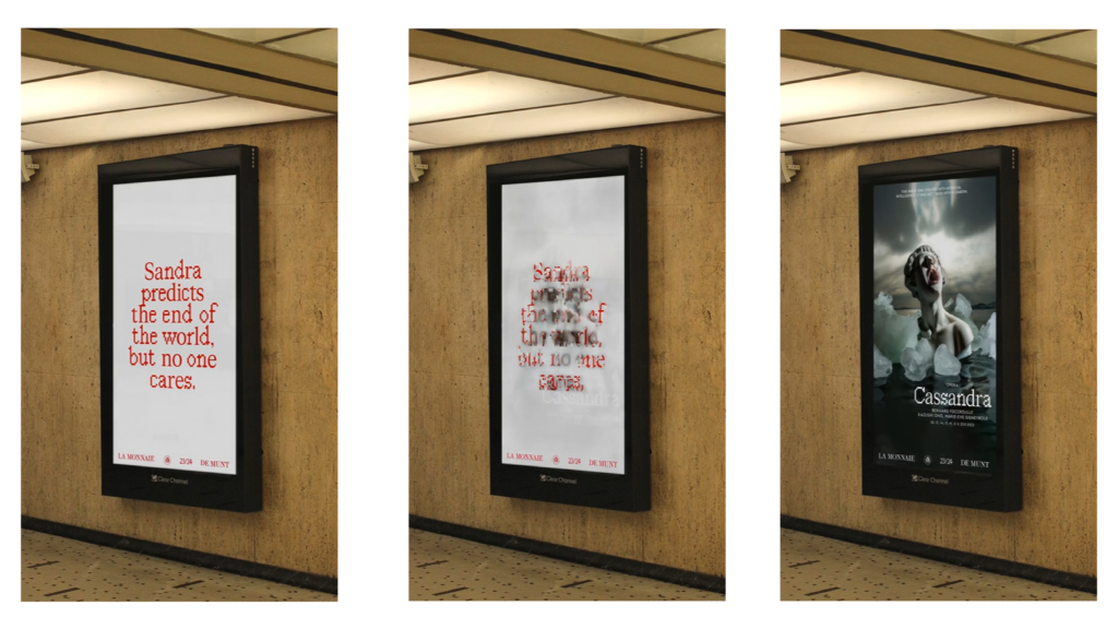 Three angles of an AI-generated digital poster for the play 'Casandra,' showcasing creative visuals.
