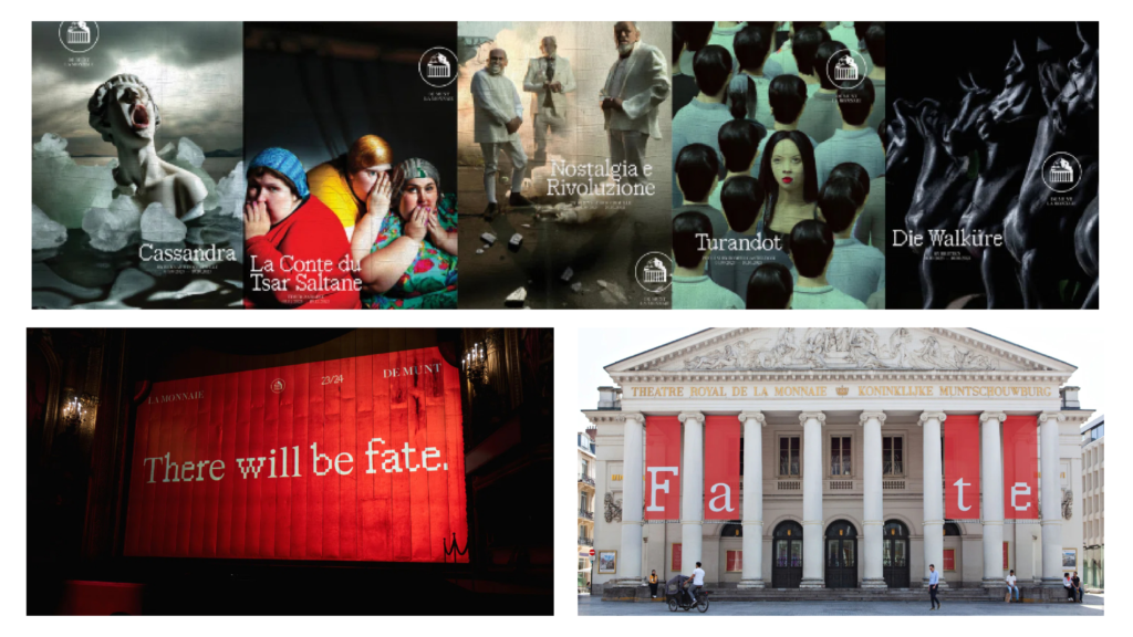 A range of AI generated poster for plays, placed above two images of the La Monnaie opera house.