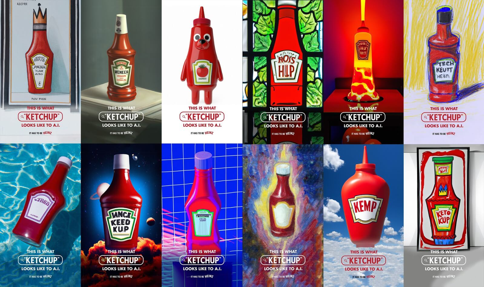 A collage of vibrant AI generated ketchup bottles.