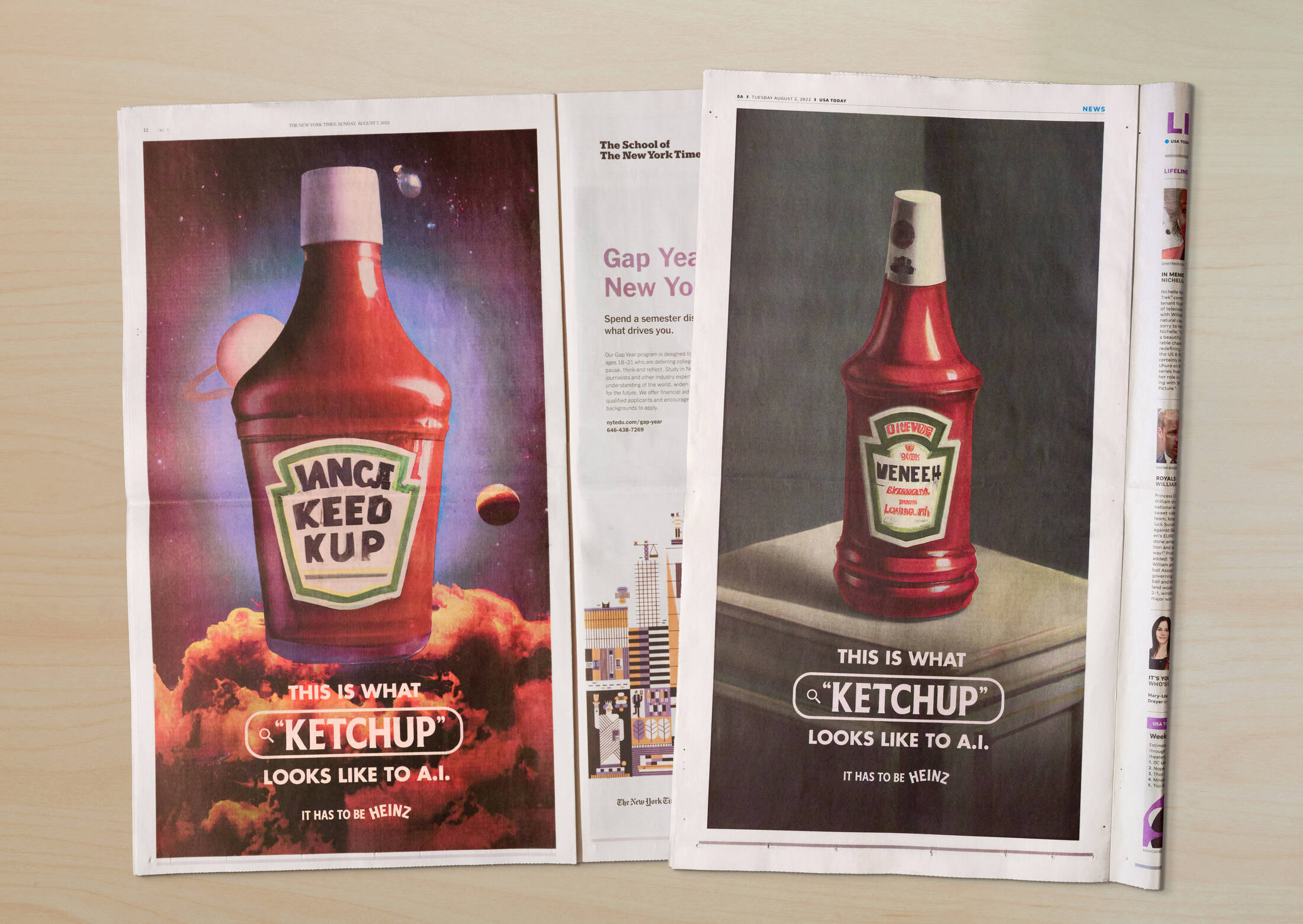 Two vibrant AI generated ketchup bottles, similar to the iconic brand Heinz.