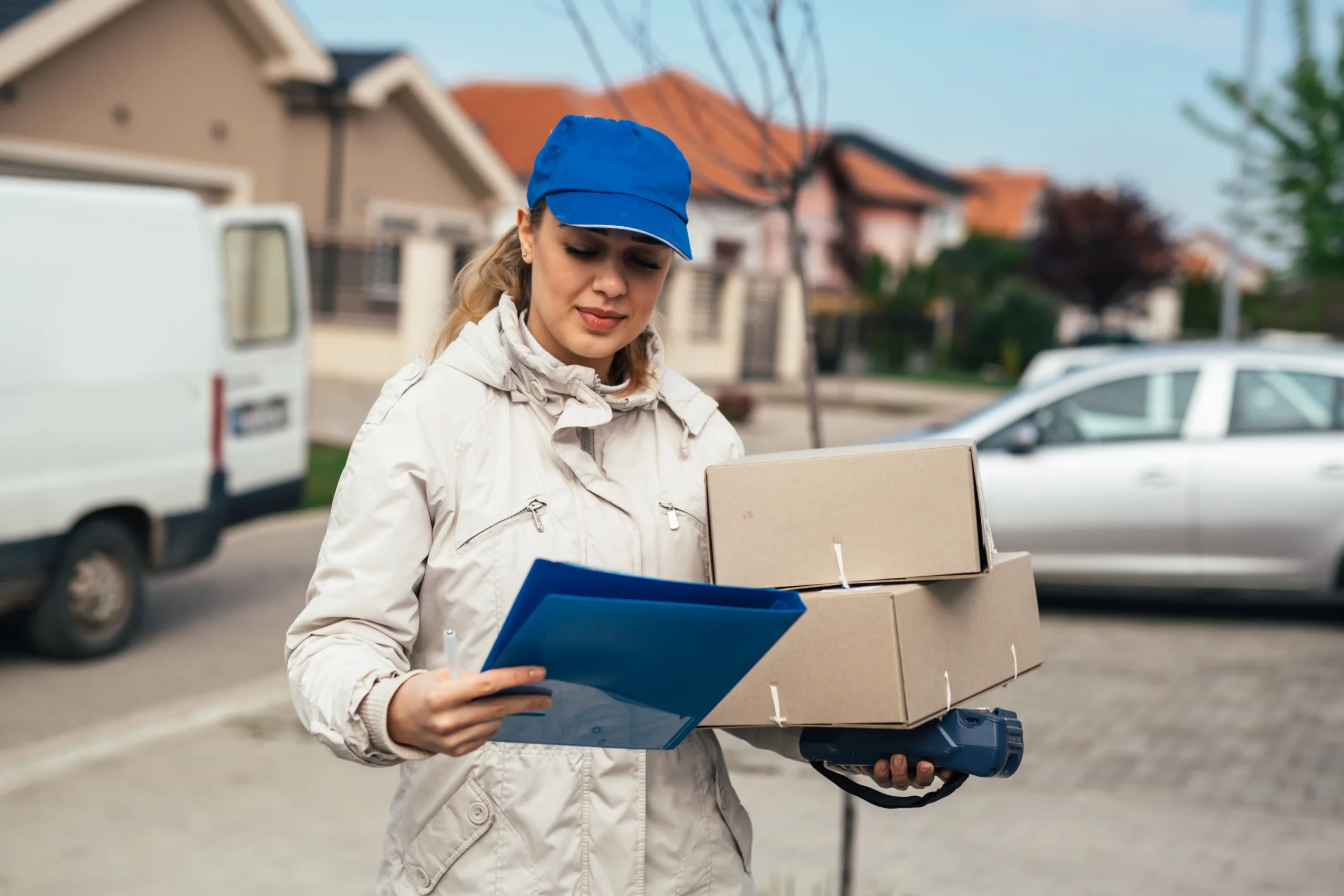 Delivery driver checks order before delivering