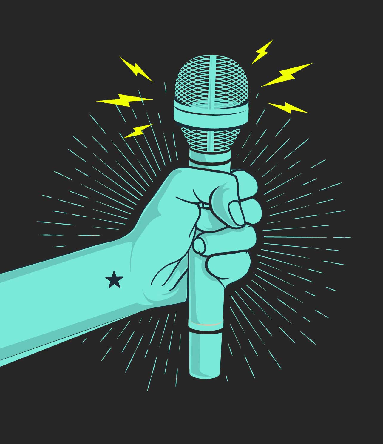 blue arm & hand holding a blue microphone with electricity symbols around it - comedy