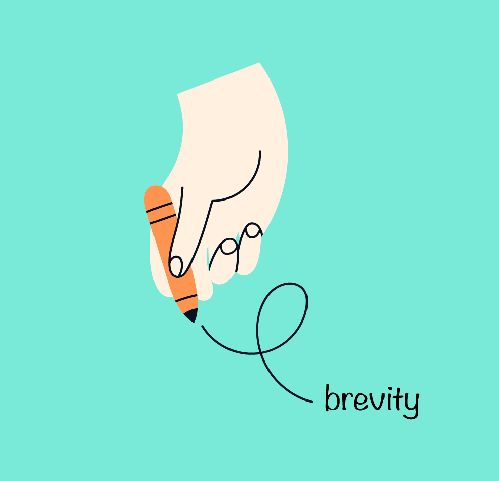 hand with a pencil with the word brevity bottom right corner. (courage & wit)