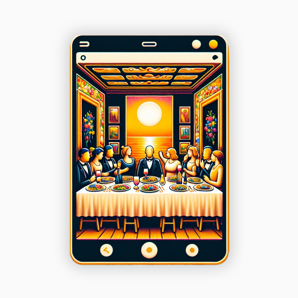 Cartoon image of phone, on it is a photo of people sitting at a dinner party with a sunset in the background.