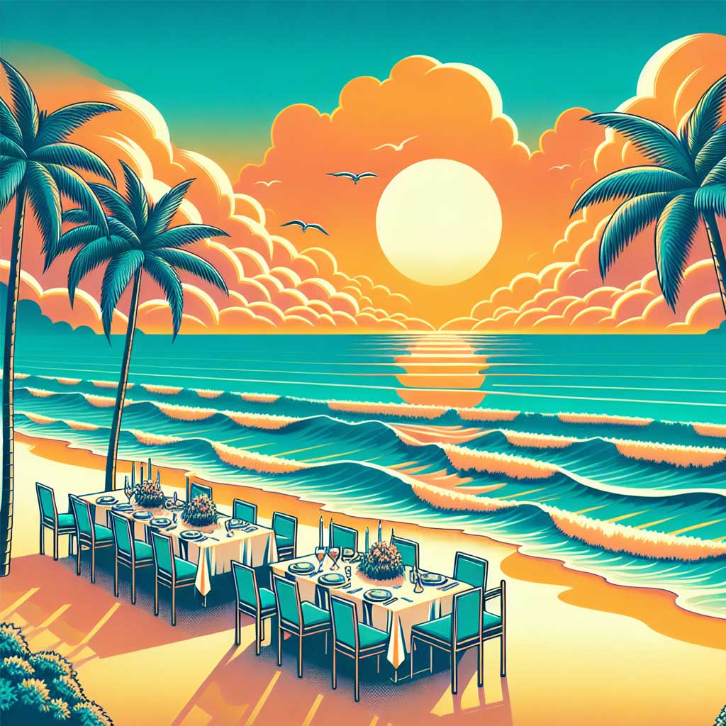 2 dinner tables on the beach while the sun sets with palm trees - animated image (social)