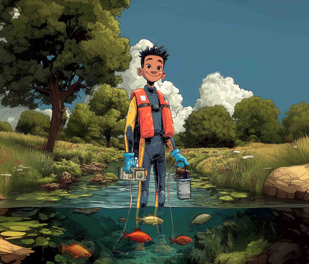 Illustrated character standing in a river