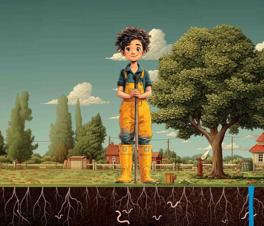 Illustrated girl standing on the earth filled with worms