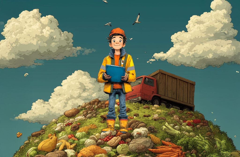 Boy standing on a rubbish dump hill.