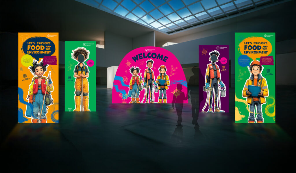 A visual of four pull up stands and welcome banner