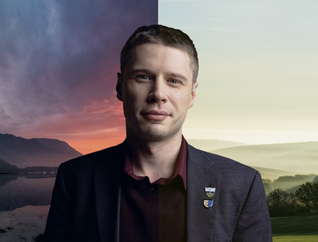 Man between a mountain with a sunset & mountain with sunrise