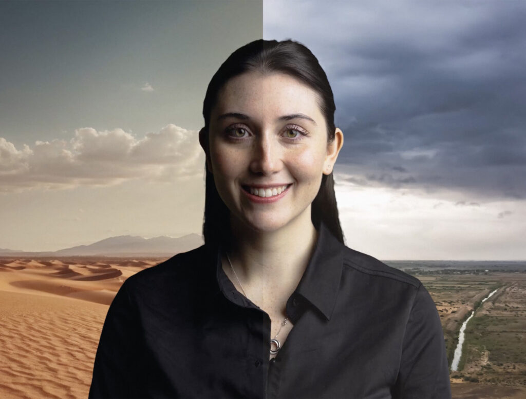 Woman with brown hair between and desert & a river