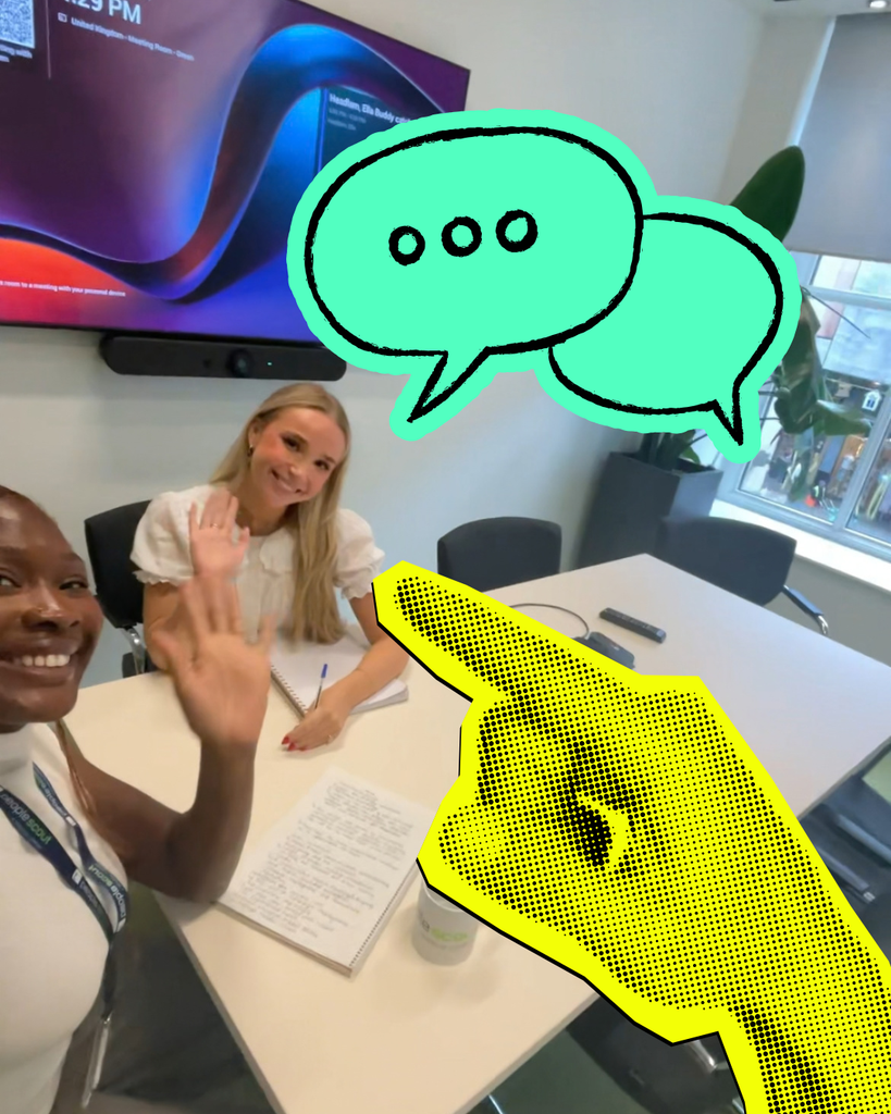 2 girls smiling and waving at the camera with a yellow finger pointing at them and a green chat bubble