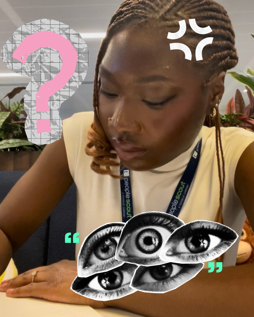 A girl writing on a page looking deep in thought as a pink question mark is next to her and eyes are looking at her.
